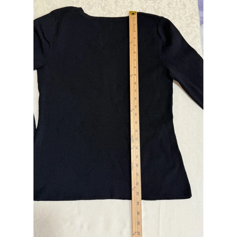 Cable & Gauge Knit Top Women‎ M Black V-Neck 3/4 Sleeve Ribbed Detail Capsule